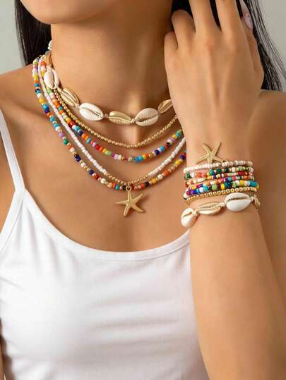 imoli 1 Set Halskette + 1 Set Armband / 1 Set Halskette / 1 Set Armband, modischer bohemian Strandstihl bunter Glasperlen Seestern Halsketten Set, Armband Set, Schmuckset, geeignet als Strandparty Schmuckgeschenk