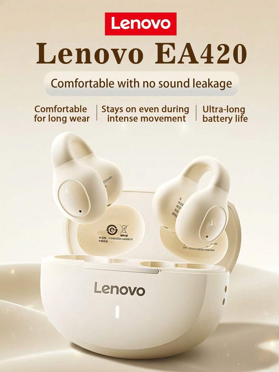 Lenovo 蓝牙耳机，夹式，开放式设计，蓝牙5.4升级版，无漏音，佩戴舒适，低延迟，无线设计，适用于运动、音乐和游戏，兼容苹果、华为、小米和OPPO手机 - 黑色 - 查看 1