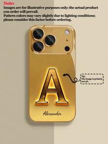 1pc Customizable Illuminated Large 3D Gold Letter Design Electroplated Tempered Glass Phone Case, Suitable For IPhone 17 Pro Max/17 Air/16/15/13/12/11/XS Max/6 7 8 Plus, Luxury Gold Finish, High-End Business Custom, Elegant Fashion, Built-In Lens Protector, Ideal For Holiday Gifts, Birthday Presents, Couples, Pets, Friends, Classmates, Siblings, Family - Gold - View 4