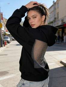 Womens Hooded Sweatshirt Long Sleeve Solid Color Casual Tops With Sparkling Mesh Panel - Black - View 7