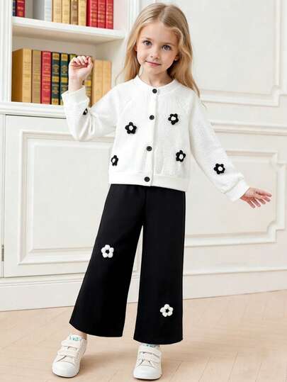 2 件套女童休闲可爱 3D 花卉上衣和裤子套装，春秋