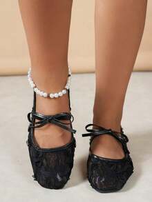 Women Flat Ballet Flats With Bow Decor & Floral Embroidery, Black Breathable Hollow Mesh Summer Sandals, Square Toe Glitter Wide Fit Mary Jane Shoes - Black - View 3