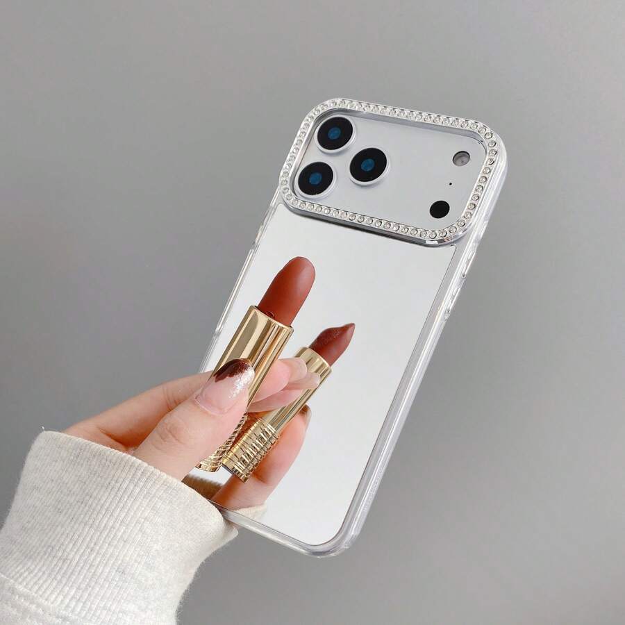 Ốp lưng điện thoại đính đá pha lê mạ điện có gương trang điểm, tương thích với Samsung 17/16/15/14/13/12/11/Pro Max/Plus, chống sốc và chống rơi vỡ.