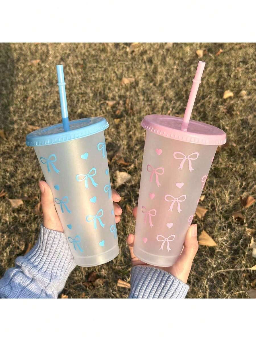 1pc/6pcs/4pcs/10pcs Set With 3D Bow + Heart Print, Fresh And Sweet, Popular Item For Social Media Photos. Variety Of Colors: Pink, Blue, Etc. Suitable For Different Styles Of Clothing And Occasions. 700ml Large Capacity Portable Cup Design, Slim Body For Easy Grip - Multicolor - View 1