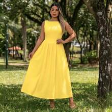Elegant  Long Dress, Lightweight Fabric, Sizes S, M, L, Simple, Gathered, Suitable For Weddings, Outings, And Parties - Yellow - View 5