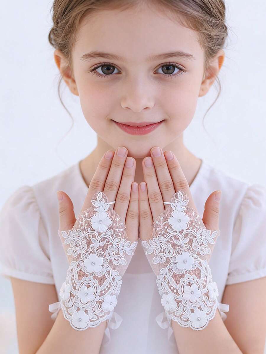 White & Black Lace Flower Sequin Short Gloves With Finger Tip Exposed Design, Ribbon & Hollow-Out Design, Wedding Party Dress Accessory - Multicolor - View 1