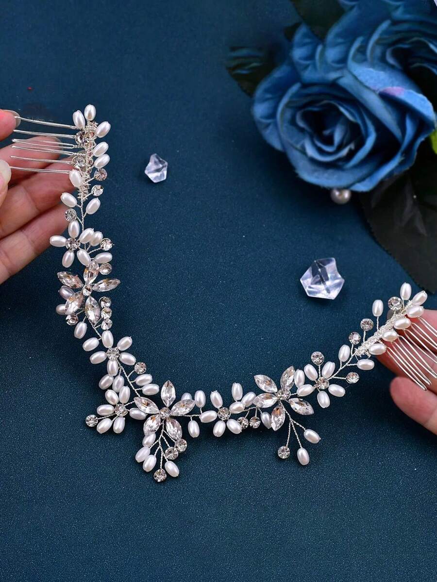 1pc Crystal & Rhinestone Decor Bridal Bridesmaid Hair Comb, Luxurious Hair Accessory For Wedding, Banquet, Party,Summer,Beach - 63322 Silver - View 1