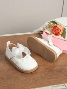 Fashionable White Bow Decor Pearl Inlaid Princess Shoes, Comfortable Non-Slip Wear-Resistant Minimalist Cute Style Girls' Shoes, Suitable For Daily Wear And Stage Performance - White - View 4