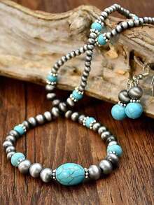 Retro Turquoise Necklace Vintage Western Country Earrings Set Female Ancient Silver Color Beaded Jewelry Set - 彩色 - 查看 2