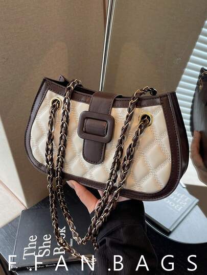 菱形刺绣拼接手提包，新款时尚链条肩带简约休闲别致斜挎单肩包，女士款