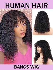 Kinky Curly Human Hair Wig With Bangs Glueless Machine Made Curly Human Hair Wigs 180% Density Convenient Ready To Go Human Hair Wig For Women Natural Black - Natural Black - View 1
