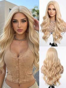 28 Inch Ash Blonde Long Body Wave Wig, Middle Part Synthetic Hair Wig, High Density Natural Looking Fake Hair For Cosplay Halloween Daily Use - Gold - View 3