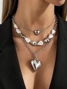 3件套波西米亚几何不对称CCB串珠心形吊坠项链，奢华优雅休闲日常、派对、情侣约会、女士节日生日百搭珠宝礼物 - 項鍊 - 查看 3