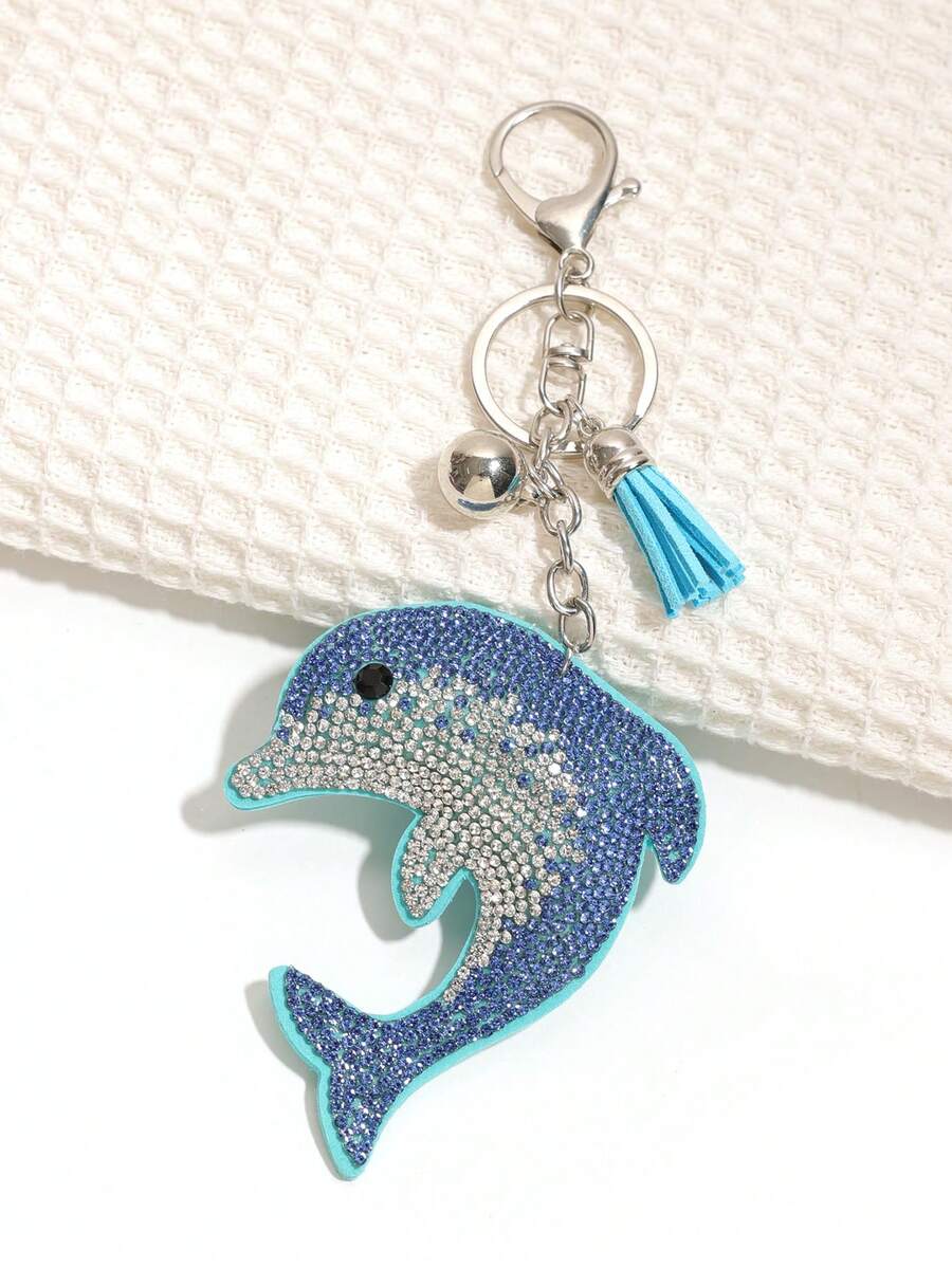 1pc Rhinestone Dolphin Tassel Keychain, Geometric Pattern Boho Zinc Alloy Keyring, Suitable For All Seasons - Light Blue - View 1