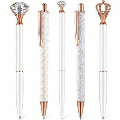 Set de 5 bolígrafos de punta de bola blancos, herramienta de escritura de metal con diamante de cristal, adecuado para firmar, negocios, oficina, boda y regalos de papelería