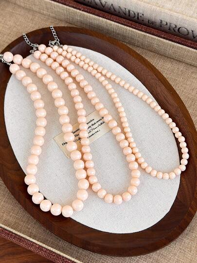 1件精致莲花粉色玻璃珠项链，法式简约复古优雅手工串珠项链，女士款