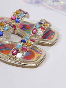 Chanclas de moda para niños, nuevas chanclas de verano para la playa con diseño brillante, decoración de diamante de imitación y punta cuadrada para niñas - Multicolor - Ver 8