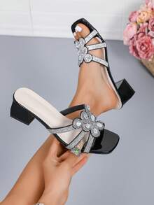 Women's Rhinestone T-Strap Square Toe Chunky Heel Sandals - Black - View 1