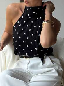 QUNGIGU Women's Polka Dot Sleeveless High Collar Chiffon Blouse, Elegant Flowy Casual Business Office Top For Summer - Black - View 6