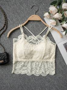 Novo top de alcinha de renda pura, fofo e sexy, com bojo, para a volta às aulas na primavera/verão. Cor sólida. Ideal para o dia a dia. - Damasco - Ver 9