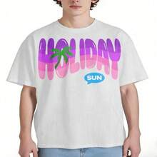 Camiseta de manga corta de algodón 100% con estampado degradado "HOLIDAY" y palmera, look casual y holgado con estilo vacacional veraniego,  en  México - Blanco - Ver 1