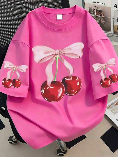Plus Size Casual Minimalist Cherry Print T-Shirt Loose Fit Thick T-Shirt For Women,Suitable For Daily Wear, Going Out, Party, School, Attending Music Festivals, Vacation, Commuting. Can Be Given As A Gift To Family, Boyfriend,Girlfriend, Friends,Girls Winter Clothes,Essentials T-Shirt Summer