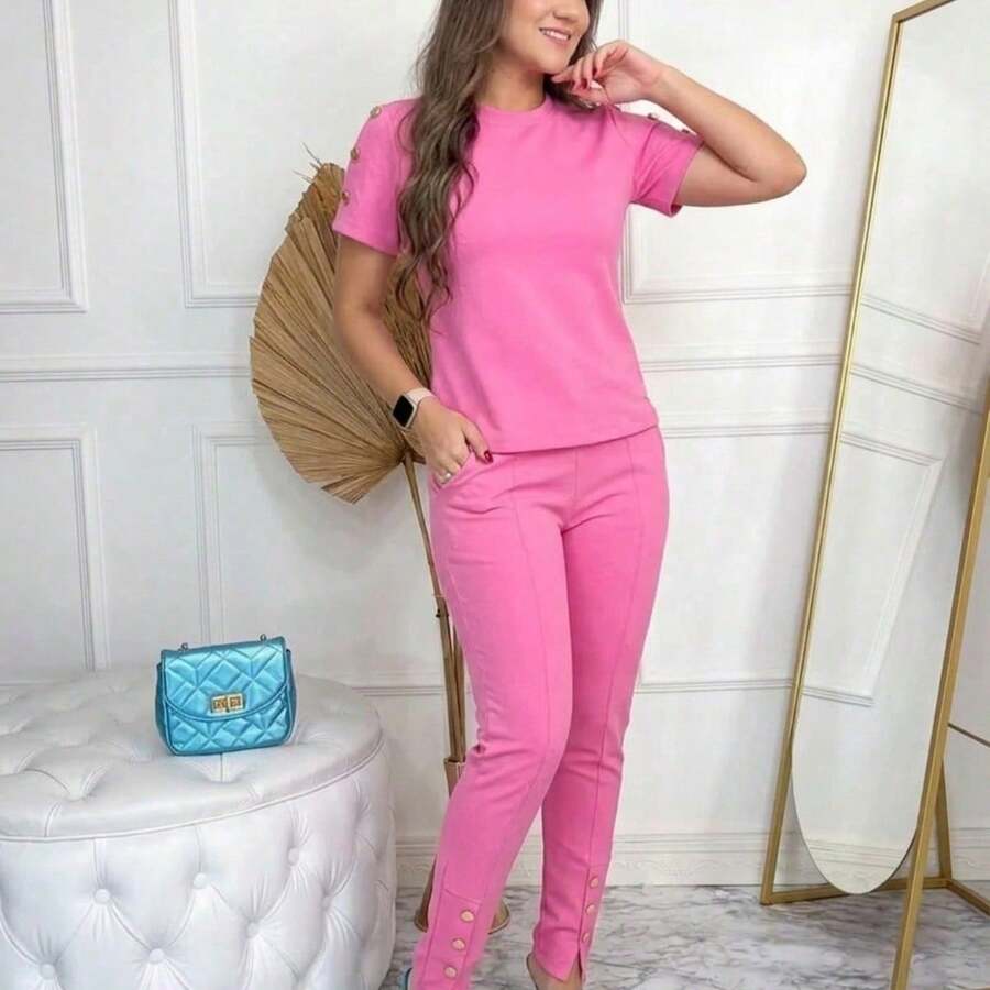 Women's Super Elegant Jacquard Pants And Blouse Set - Hồng - Xem 1