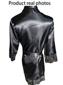 1pc Lace Trim Loose Satin Robe, Bridesmaid Gift & Wedding Party Sleepwear, Lace Trim Kimono Style Long Robe With Tie Belt, Summer Casual Loungewear, Back To School Pajamas, Soft Bathrobe & Homewear - Black - View 11