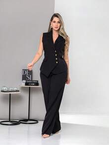 New Tailored Set Consisting Of Vest And Wide-Leg Trousers C6608 - Black - View 3