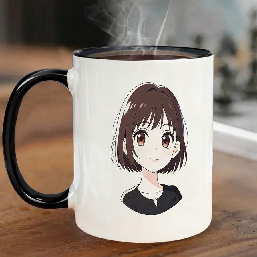 Cartoon Girl Ceramic Mug, Anime Pattern Design Scald-Proof Water Cup, Dual-Use Office/Home Coffee Cup, Fresh Japanese-Style Body Pattern, Rounded Rim Fit, Thick Bottom Stable, Quality Ceramic Craftsmanship Fade-Resistant, Easy To Clean, Suitable For Daily Drinking - Multicolor - View 1