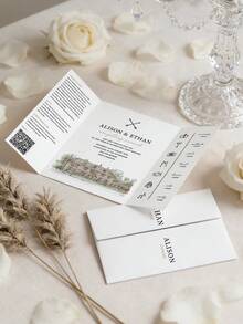 客製化三折式婚禮邀請函，含自訂照片、時間軸與 RSVP QR Code，優雅手繪場地設計，可自訂照片與文字的婚禮文具 - 彩色 - 查看 3