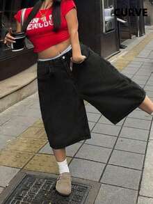 Pantaloncini di jeans casual oversize a vita media, adatti per primavera ed estate, stile di strada europeo e americano, taglie comode - nero - Visualizzare 3