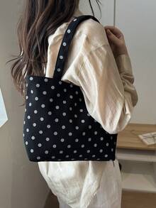 白色波点女士手提包，休闲通勤包，大容量，时尚百搭单肩包 - 黑色 - 查看 8