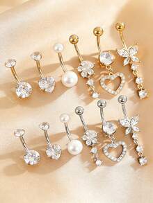 Bộ 6 khuyên rốn bằng thép không gỉ, kiểu dáng gợi cảm dành cho nữ với mặt dây chuyền hình bướm, trái tim, hoa đính đá Zirconia, khuyên rốn ngọc trai giả dễ thương thích hợp đeo hàng ngày và dự tiệc. - bộ 6 món - Xem 1