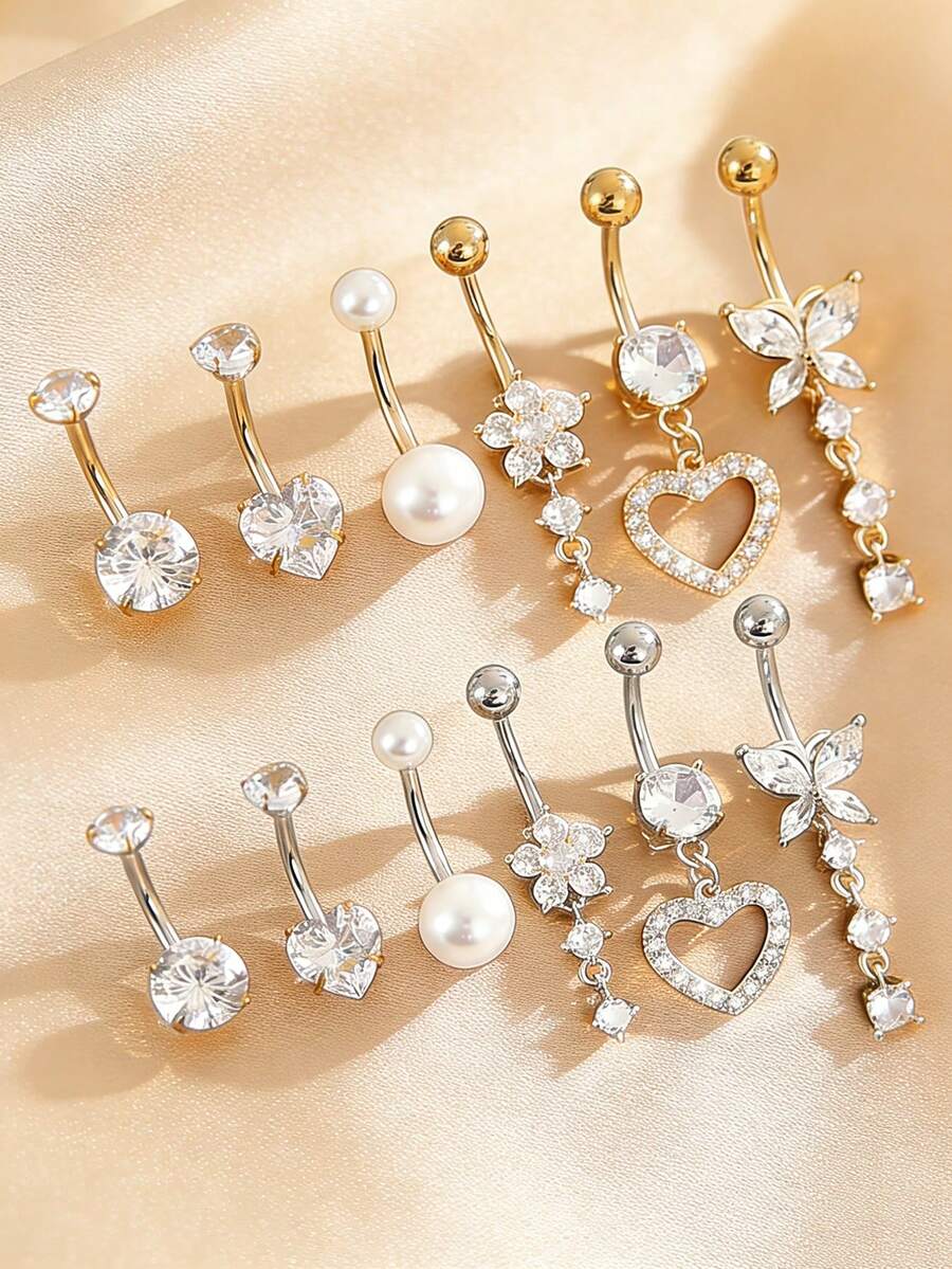 Bộ 6 khuyên rốn bằng thép không gỉ, kiểu dáng gợi cảm dành cho nữ với mặt dây chuyền hình bướm, trái tim, hoa đính đá Zirconia, khuyên rốn ngọc trai giả dễ thương thích hợp đeo hàng ngày và dự tiệc. - bộ 6 món - Xem 1