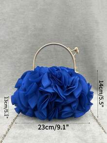 Women's Elegant Royal Blue Floral Pleated Satin Clutch Bag, Party Handbag - Fashionable Chiffon Petal Handbag With Chain Shoulder Strap, Fits ProMax Size Phone And Essentials, Perfect For Bride, Wedding, Date, Prom, Holiday, Formal Occasions, Graduation Party, Spring Gala, Cocktail Party And Special Events (Pattern Random) - 寶藍色 - 查看 5