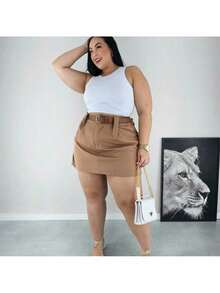 Short Skirt Plus Size Tailored With Belt Various Colors Summer - Beige - View 8