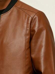 Chaqueta de cuero PU para hombre AHTELB, chaqueta de motocicleta con cuello de béisbol, chaqueta de montar, chaqueta de cuero de estilo británico de moda, estilo de carreras deportivas - Caqui - Ver 3