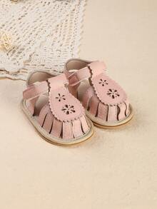 1 Pair Toddler Girls' Solid Color Hollow Breathable Flat Sandals, Suitable For Summer - Pink - View 3