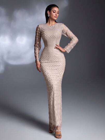 Đầm dài AMILUCK cao cấp mới về dành cho nữ, thanh lịch, ngọt ngào, trang nhã, cổ tròn, xẻ tà, tay thẳng, đính sequin và ren, thích hợp cho các buổi tiệc tối trang trọng, dạ hội, thảm đỏ, đám cưới, khách mời mùa xuân.