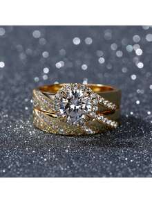 2 件奢华微型方晶锆石套装戒指，时尚女士结婚戒指套装 - 金色 - 查看 13