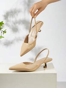 Women's Solid Color Kitten Heel Shoes, Elegant Pointed Toe Metal Heel High Heels, Fashionable Ankle Strap Open Toe High Heels - Apricot - View 6