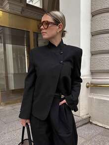 Áo blazer nữ GMFP mùa xuân hè thanh lịch, tay dài, màu trơn, cài cúc phía trước, màu đen, thích hợp cho công sở/học sinh, dịp Ngày của Mẹ. - màu đen - Xem 4
