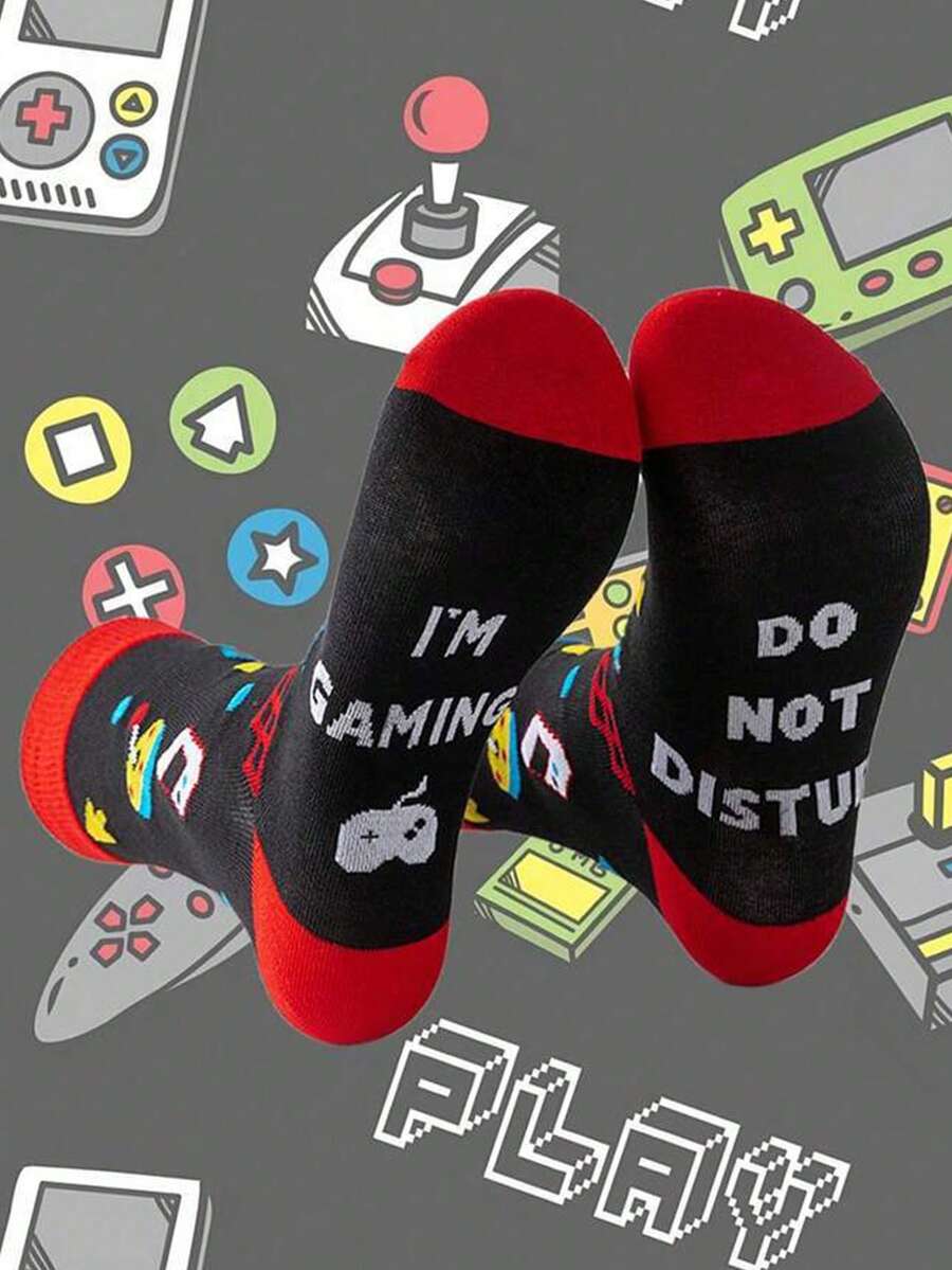 1 Par de Meias Masculinas Cano Médio, Design Assimétrico com as Letras AB e Tema de Console de Videogame, Meias Criativas, Modernas, Respiráveis e de Alta Qualidade com Absorção de Umidade, Ideais para Primavera/Verão/Outono, Uso Casual/Esportivo/Urbano - Multicolorido - Ver 1
