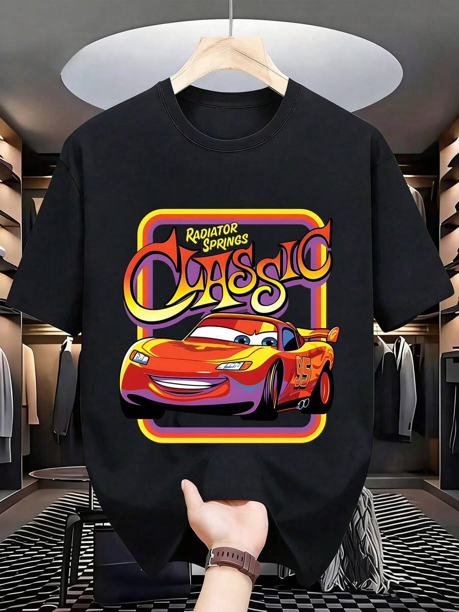 Disney Vintage CLASSIC Cars Men's Casual T-Shirt Gradient  Car Print Black Short Sleeve Cool Personality Loose Top - 黑色 - 查看 1