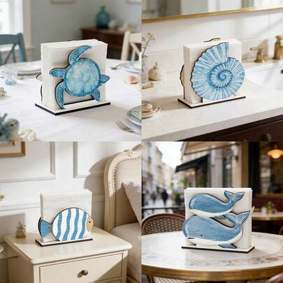 1个海洋主题木质餐巾架 - 立式纸巾架，饰有海龟、鲸鱼和鱼类等海洋动物图案。适用于厨房、餐桌和吧台，是海滨别墅装饰和复古航海风格家居点缀的理想之选。