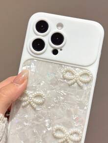 Luxury 3D Pearl Bowknot Laser Heart Shell Pattern Shockproof Phone Cases Compatible With IPhone 17Pro Max 17Pro 17 17Air 16Pro Max 16Pro 16P 15Pro Max 15Pro 13Pro Max 14 Pro 16 15 14 13 Camera Protection Phone Cover - White - View 3