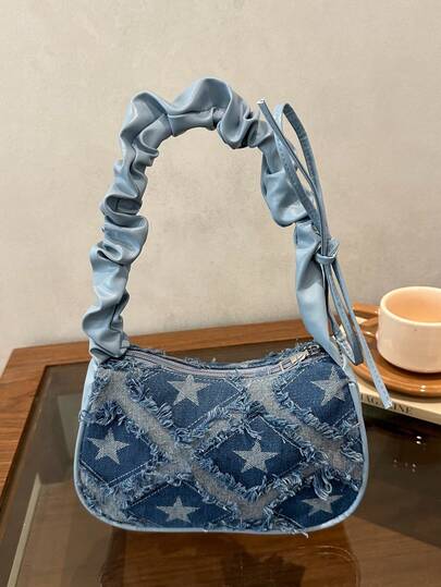 2026 New Vintage Denim Hobo Bag For Women, 4-Color Distressed Denim Shoulder Bag With Ruched PU Handle & Checkered/Star Pattern, Cute Crescent Silhouette With Fringe Detail, Lightweight Denim Construction, Spacious Interior Fits Phone, Wallet, Lipstick And Small Essentials, Perfect For Date Nights, Music Festivals, Shopping And Casual Outings, A Playful Edgy Accessory To Elevate Any Y2K Or Streetwear Outfit, The Ruched Handle Adds A Soft Feminine Touch, Ideal For Teen Girls And Fashion Lovers Who Love Retro, Cool & Casual Style