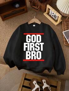 Tween Boy Street Style Cool Printed Round Neck Sweatshirt, Casual Fall/Winter - Black - View 1