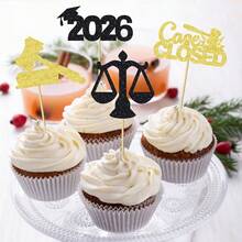 12/24pcs Law School 2026 Graduation Cupcake Toppers - Black Glitter Justice Scale And Gavel Cake Picks, Future Lawyer Graduation Party Decor, Law Theme Celebration Supplies - Classic Graduation Balance - View 9
